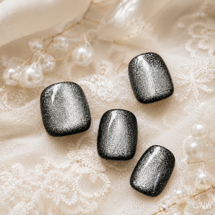 Black Silver Cat Eye Press On Nails | Handmade Reusable Short Square Nails by AMBERÉA