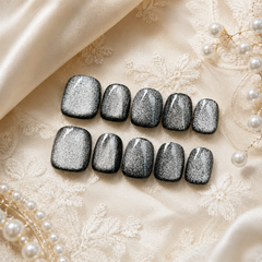 Black Silver Cat Eye Press On Nails | Handmade Reusable Short Square Nails by AMBERÉA