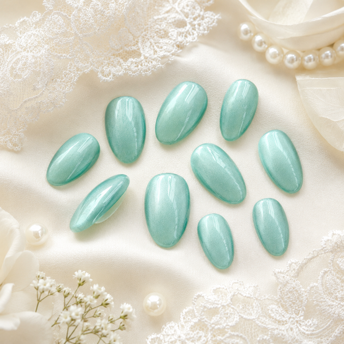 Seafoam Green Cat Eye Press On Nails | Handmade Reusable Bridal Nails by AMBERÉA
