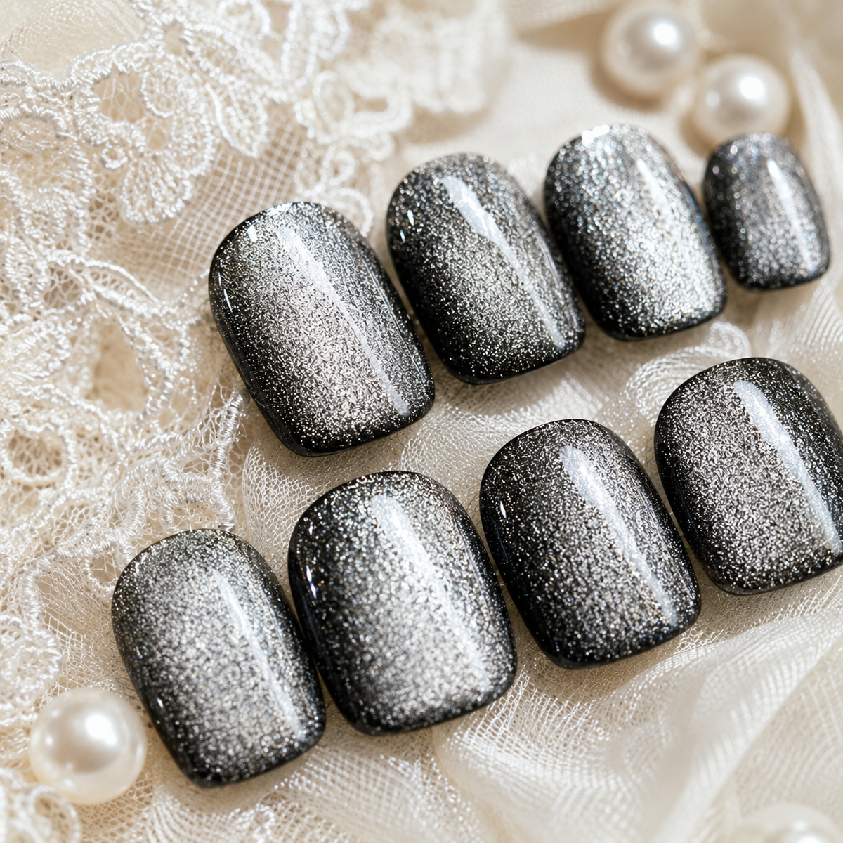 Icy Silver White Cat Eye Press On Nails | Handmade Reusable Bridal Nails by AMBERÉA