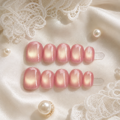 Peach Pink Gold Cat Eye Press On Nails | Handmade Reusable Short Square Nails by AMBERÉA