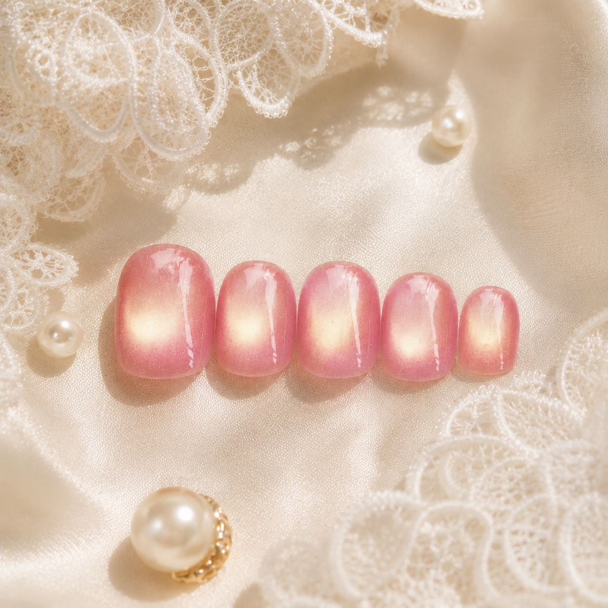 Peach Pink Gold Cat Eye Press On Nails | Handmade Reusable Short Square Nails by AMBERÉA