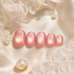 Peach Pink Gold Cat Eye Press On Nails | Handmade Reusable Short Square Nails by AMBERÉA