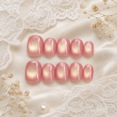 Peach Pink Gold Cat Eye Press On Nails | Handmade Reusable Short Square Nails by AMBERÉA