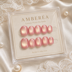Peach Pink Gold Cat Eye Press On Nails | Handmade Reusable Short Square Nails by AMBERÉA