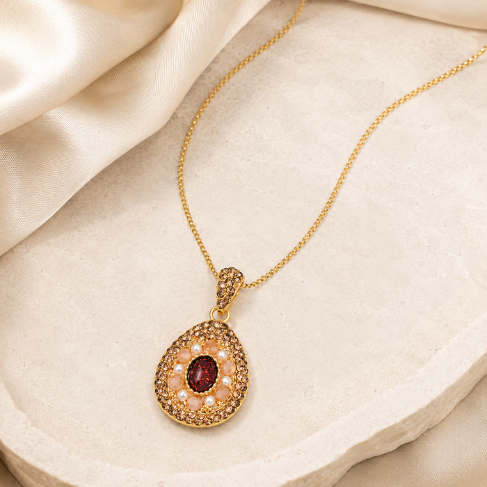 Vintage Ruby Pearl Pendant Necklace | Gold Round Charm Necklace for Women