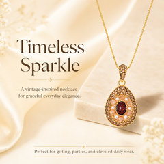 Vintage Ruby Pearl Pendant Necklace | Gold Round Charm Necklace for Women