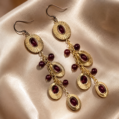 Burgundy Ruby Drop Earrings | Vintage Gold Charm Tassel Earrings for Women