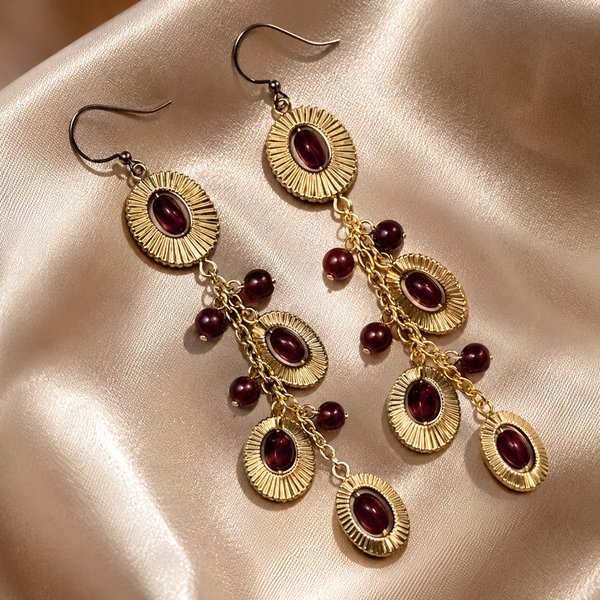 Burgundy Ruby Drop Earrings | Vintage Gold Charm Tassel Earrings for Women