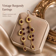 Burgundy Ruby Drop Earrings | Vintage Gold Charm Tassel Earrings for Women
