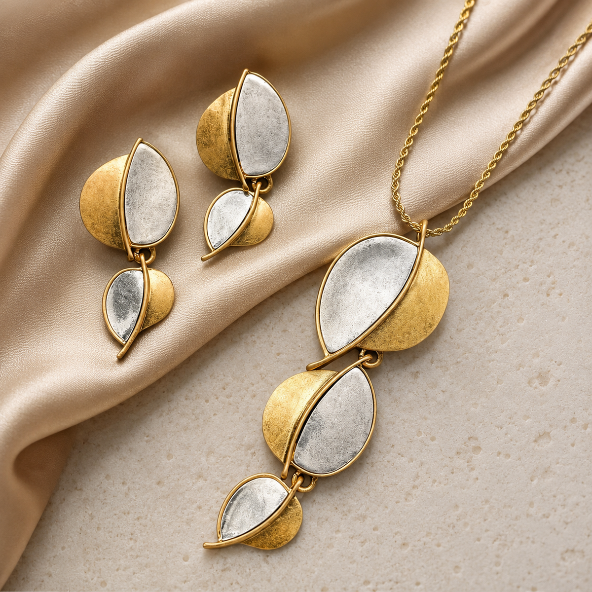 Two Tone Leaf Jewelry Set | Gold Silver Leaf Necklace and Earrings for Women