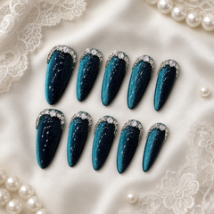 Deep Teal Rhinestone Cat Eye Press On Nails | Handmade Reusable Luxury Nails by AMBERÉA
