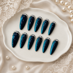 Deep Teal Rhinestone Cat Eye Press On Nails | Handmade Reusable Luxury Nails by AMBERÉA