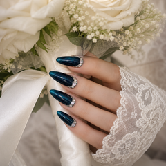 Deep Teal Rhinestone Cat Eye Press On Nails | Handmade Reusable Luxury Nails by AMBERÉA