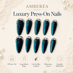 Deep Teal Rhinestone Cat Eye Press On Nails | Handmade Reusable Luxury Nails by AMBERÉA