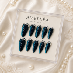 Deep Teal Rhinestone Cat Eye Press On Nails | Handmade Reusable Luxury Nails by AMBERÉA