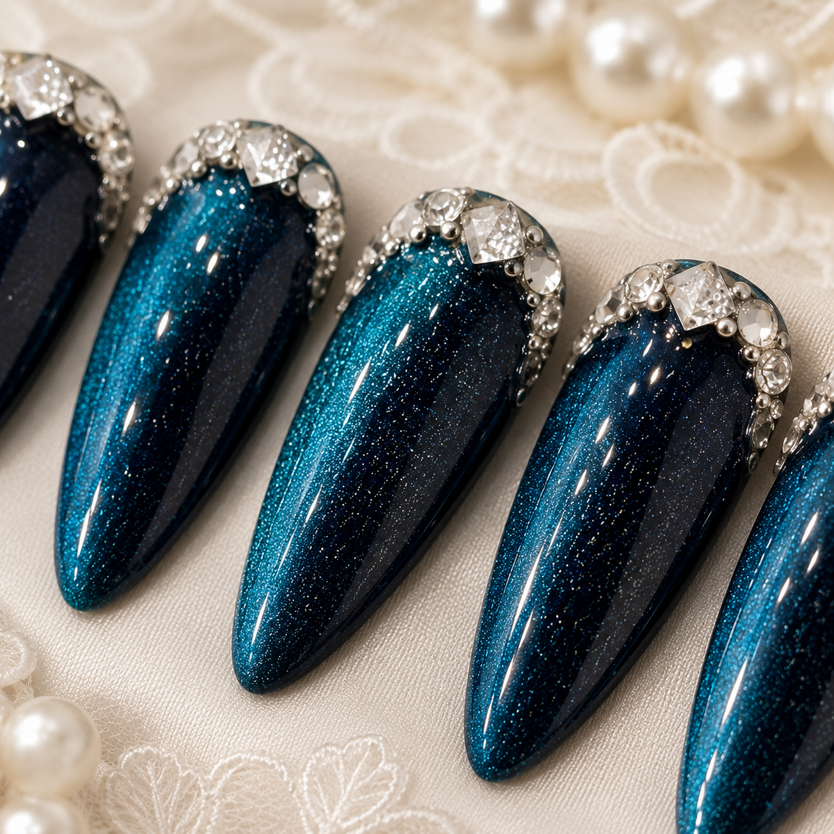 Deep Teal Rhinestone Cat Eye Press On Nails | Handmade Reusable Luxury Nails by AMBERÉA
