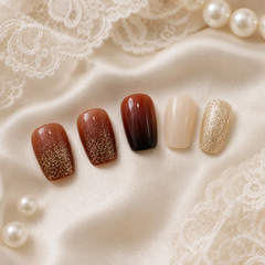 Caramel Brown Gold Glitter Press On Nails | Handmade Reusable Short Square Nails by AMBERÉA