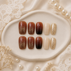 Caramel Brown Gold Glitter Press On Nails | Handmade Reusable Short Square Nails by AMBERÉA