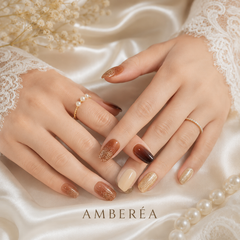 Caramel Brown Gold Glitter Press On Nails | Handmade Reusable Short Square Nails by AMBERÉA