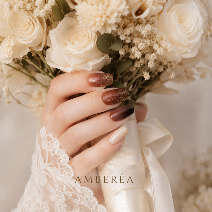Caramel Brown Gold Glitter Press On Nails | Handmade Reusable Short Square Nails by AMBERÉA
