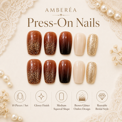 Caramel Brown Gold Glitter Press On Nails | Handmade Reusable Short Square Nails by AMBERÉA
