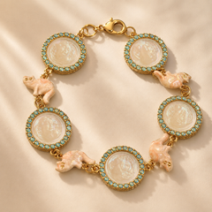 Vintage Frog Charm Cameo Bracelet | Gold Tone Turquoise Medallion Bracelet for Women
