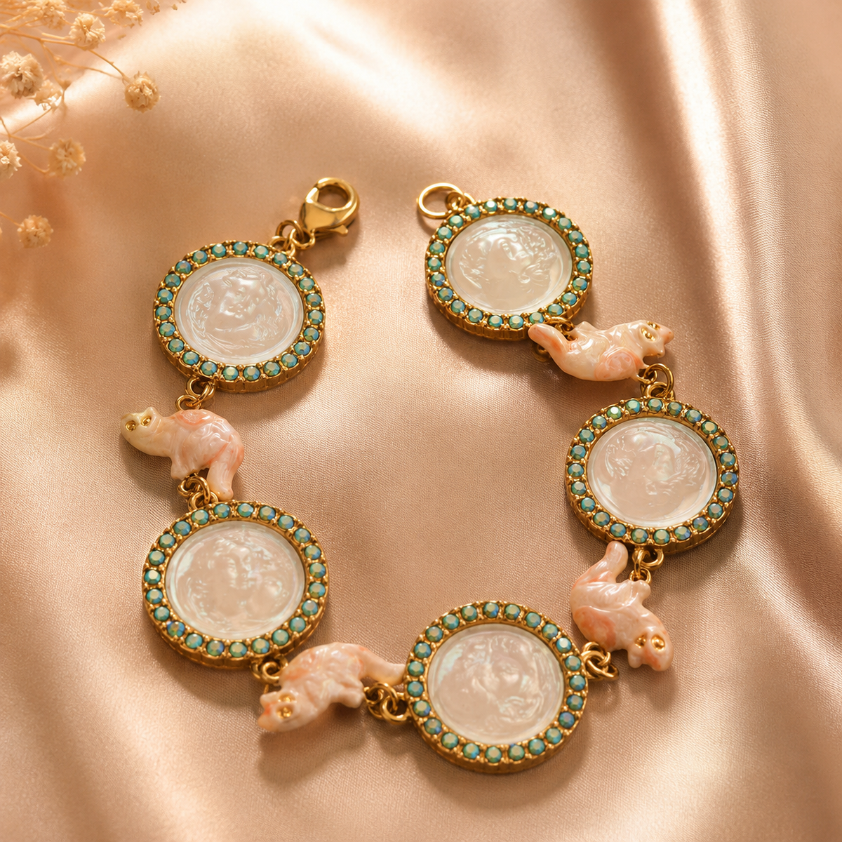 Vintage Frog Charm Cameo Bracelet | Gold Tone Turquoise Medallion Bracelet for Women