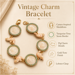 Vintage Frog Charm Cameo Bracelet | Gold Tone Turquoise Medallion Bracelet for Women