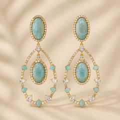 Mint Green Crystal Drop Earrings | Gold Teardrop Statement Earrings for Women