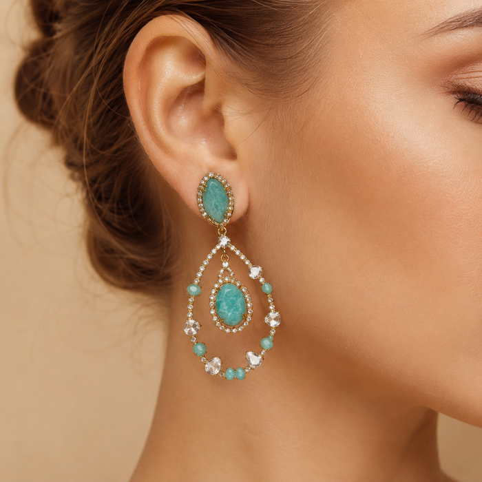 Mint Green Crystal Drop Earrings | Gold Teardrop Statement Earrings for Women