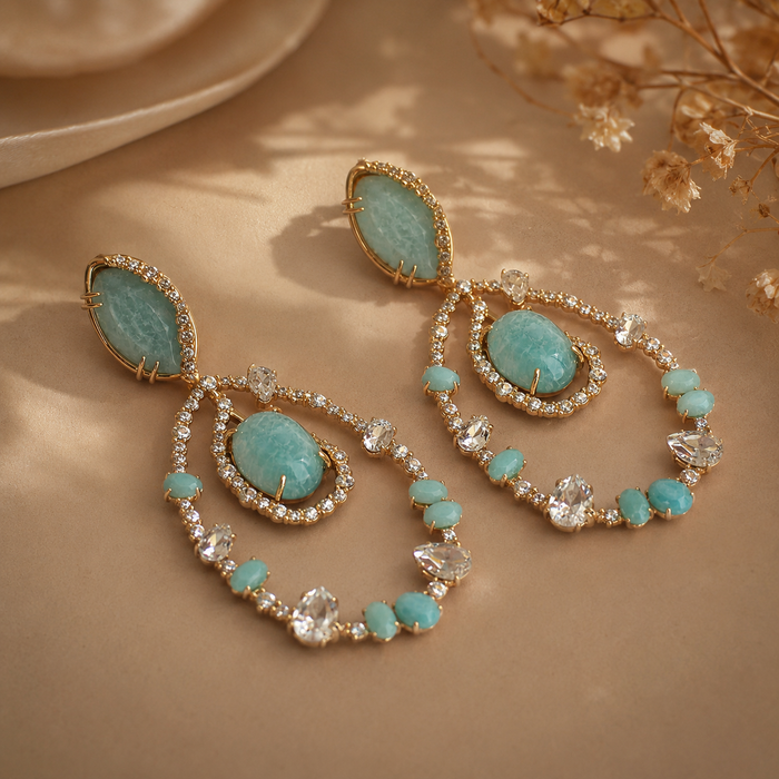Mint Green Crystal Drop Earrings | Gold Teardrop Statement Earrings for Women