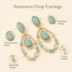 Mint Green Crystal Drop Earrings | Gold Teardrop Statement Earrings for Women