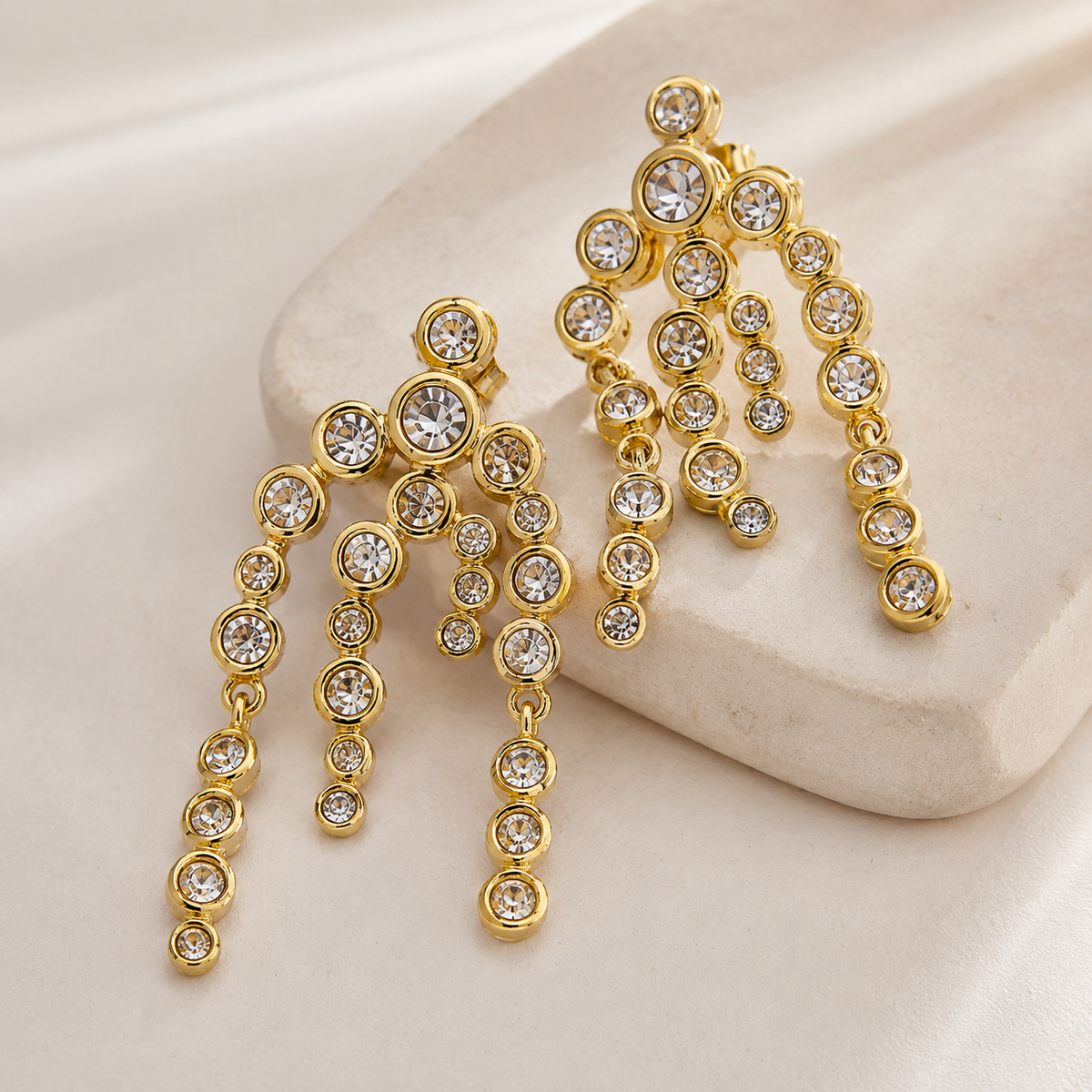 Gold Rhinestone Fringe Earrings | Luxury Long Dangle Statement Earrings by AMBERÉA