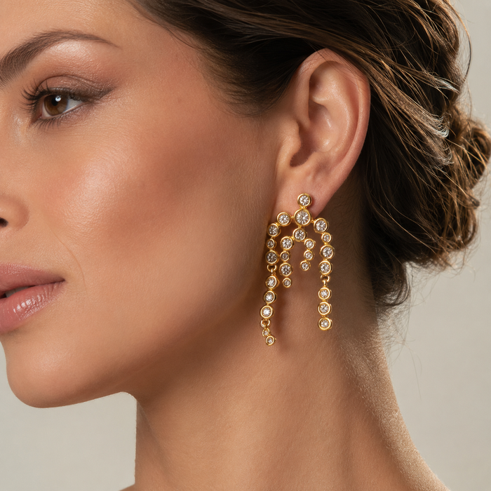 Gold Rhinestone Fringe Earrings | Luxury Long Dangle Statement Earrings by AMBERÉA