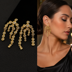 Gold Rhinestone Fringe Earrings | Luxury Long Dangle Statement Earrings by AMBERÉA