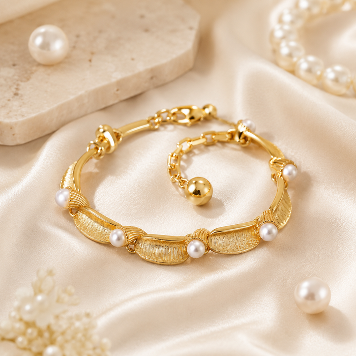 Gold Pearl Leaf Bracelet | Elegant Textured Women’s Bracelet by AMBERÉA