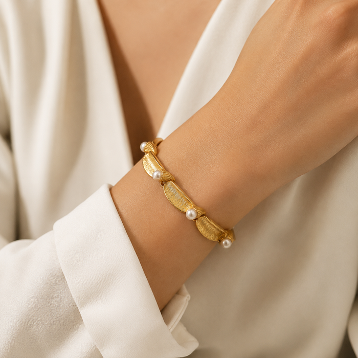 Gold Pearl Leaf Bracelet | Elegant Textured Women’s Bracelet by AMBERÉA