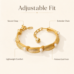 Gold Pearl Leaf Bracelet | Elegant Textured Women’s Bracelet by AMBERÉA