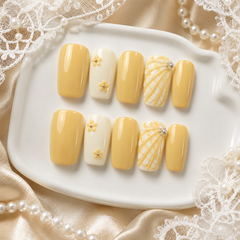 Butter Yellow Floral Press On Nails | Handmade Reusable Short Square Nails by AMBERÉA