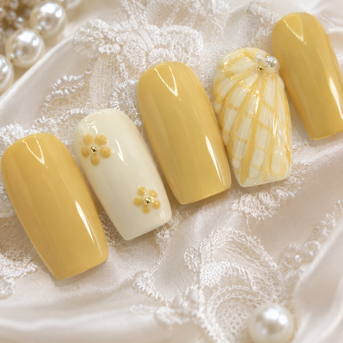 Butter Yellow Floral Press On Nails | Handmade Reusable Short Square Nails by AMBERÉA