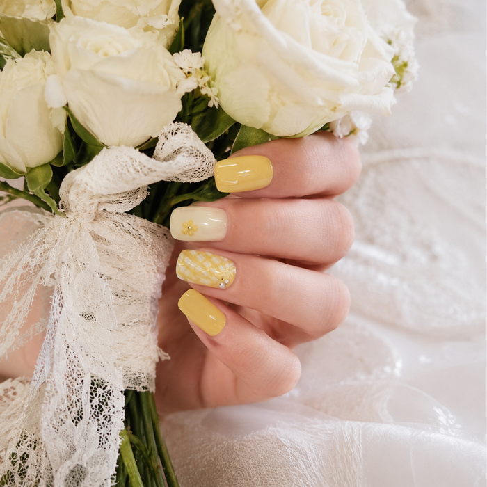 Butter Yellow Floral Press On Nails | Handmade Reusable Short Square Nails by AMBERÉA