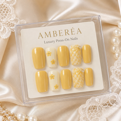 Butter Yellow Floral Press On Nails | Handmade Reusable Short Square Nails by AMBERÉA