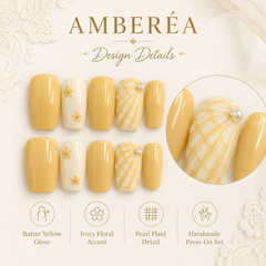 Butter Yellow Floral Press On Nails | Handmade Reusable Short Square Nails by AMBERÉA