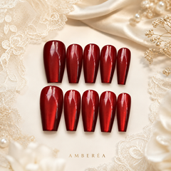 Ruby Red Cat Eye Press On Nails | Handmade Reusable Long Coffin Nails by AMBERÉA