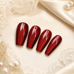 Ruby Red Cat Eye Press On Nails | Handmade Reusable Long Coffin Nails by AMBERÉA