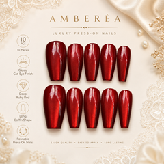 Ruby Red Cat Eye Press On Nails | Handmade Reusable Long Coffin Nails by AMBERÉA