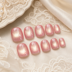 Peach Pink Gold Cat Eye Press On Nails | Handmade Reusable Short Square Nails by AMBERÉA