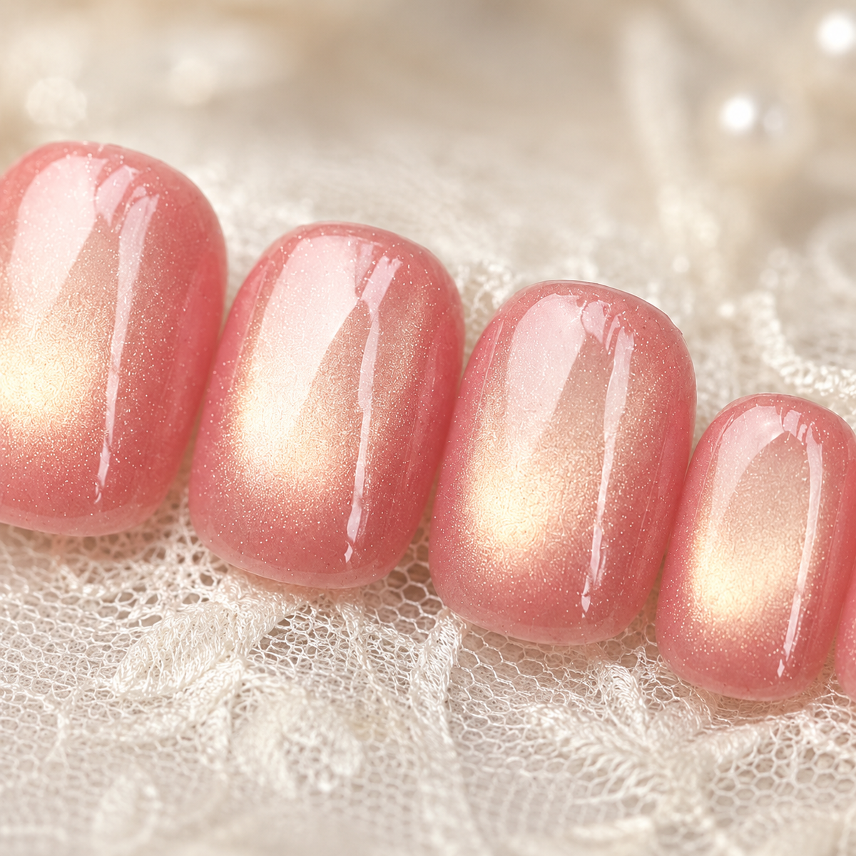 Peach Pink Gold Cat Eye Press On Nails | Handmade Reusable Short Square Nails by AMBERÉA