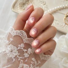 Peach Pink Gold Cat Eye Press On Nails | Handmade Reusable Short Square Nails by AMBERÉA